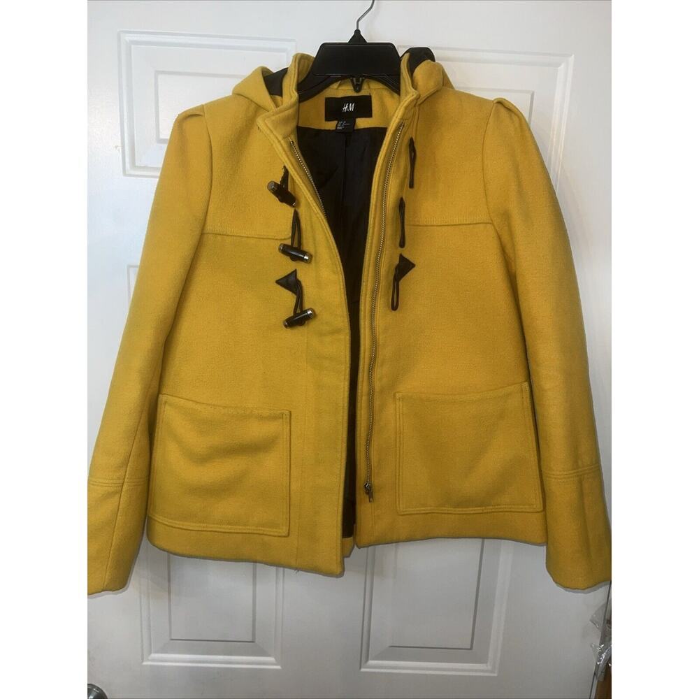 H&M Parka Jacket Womens Size 6 Yellow PeaCoat Hooded Coat Full Zip Toggle Button